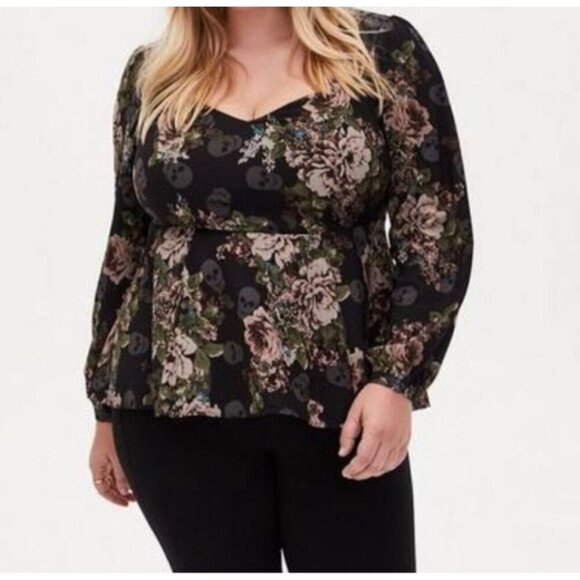 Torrid Skull Peplum Sweetheart Top 4X Dark Floral Long Sleeve Blouse Goth Black - Picture 1 of 15